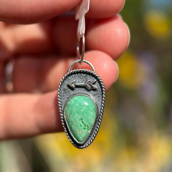 Green Variscite Necklace – Lucin Utah Gemstone Pendant – Arrow Protection Symbol in Silver - SunlightSilver