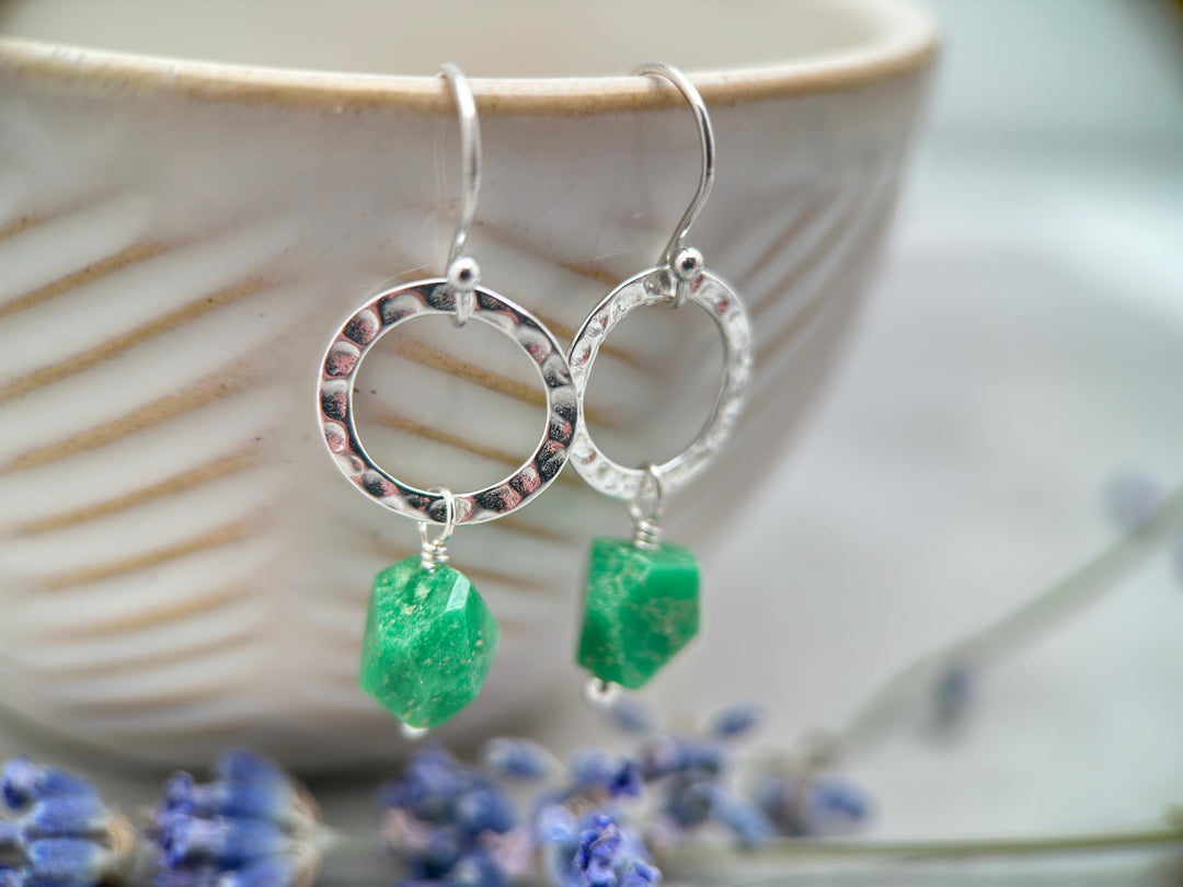 Green Variscite Earrings – Sterling Silver Loop Earrings – Handmade Gemstone Jewelry - SunlightSilver