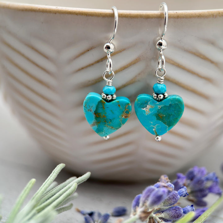 Kingman Turquoise Heart and Sterling Silver Earrings - Love symbol - American Rustic Southwest Turquoise - SunlightSilver