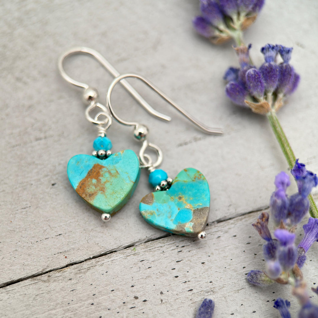 Kingman Turquoise Heart and Sterling Silver Earrings - Love symbol - American Rustic Southwest Turquoise - SunlightSilver