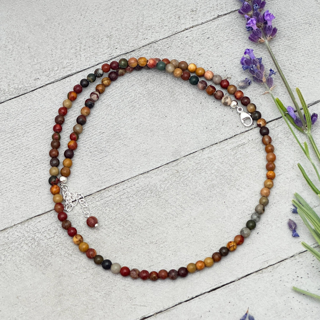 Red Cherry Creek Jasper and Sterling Silver Necklace - 4mm Beaded Montana Gemstone Necklace - SunlightSilver