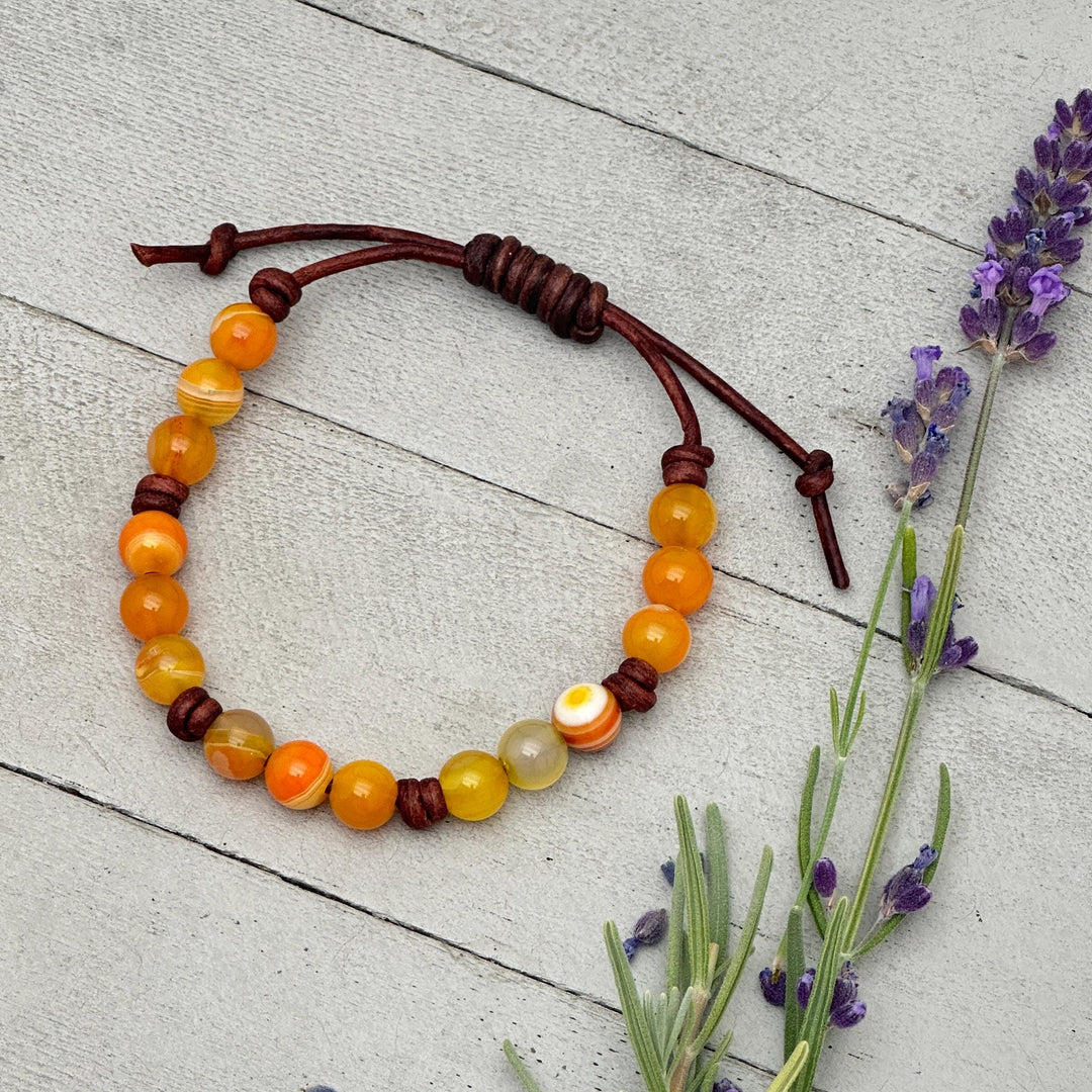 Sardonyx and Leather Stacking Bracelet - August Birthstone Jewelry - Limited Edition - SunlightSilver