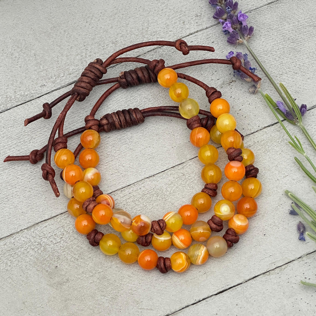 Sardonyx and Leather Stacking Bracelet - August Birthstone Jewelry - Limited Edition - SunlightSilver