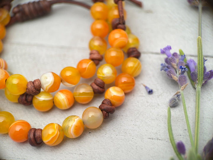 Sardonyx and Leather Stacking Bracelet - August Birthstone Jewelry - Limited Edition - SunlightSilver