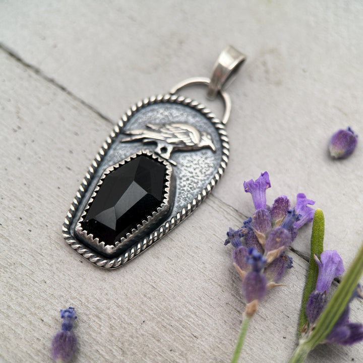 Black Onyx Coffin and Sterling Silver Raven Pendant. Halloween Gothic Jewelry - SunlightSilver