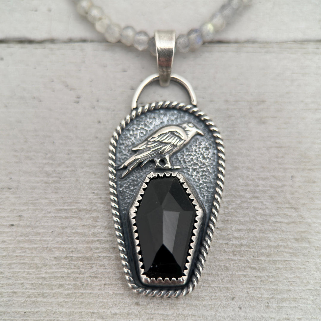 Black Onyx Coffin and Sterling Silver Raven Pendant. Halloween Gothic Jewelry - SunlightSilver