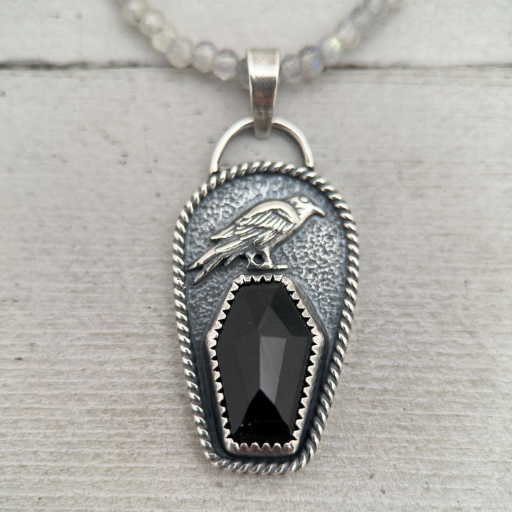 Black Onyx Coffin and Sterling Silver Raven Pendant. Halloween Gothic Jewelry - SunlightSilver