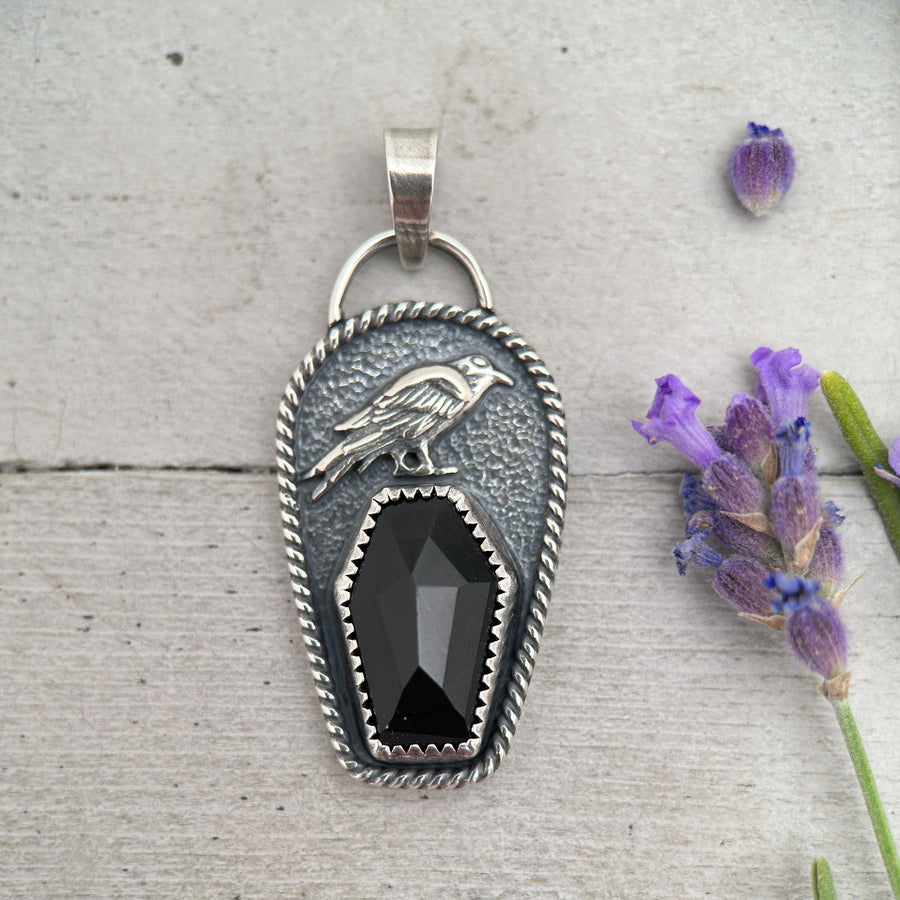 Black Onyx Coffin and Sterling Silver Raven Pendant. Halloween Gothic Jewelry - SunlightSilver