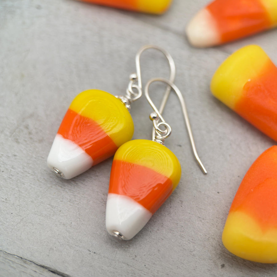 Candy Corn and Sterling Silver Earrings – Artisan Glass Beads - Halloween Autumn Fall Costume Jewelry - SunlightSilver