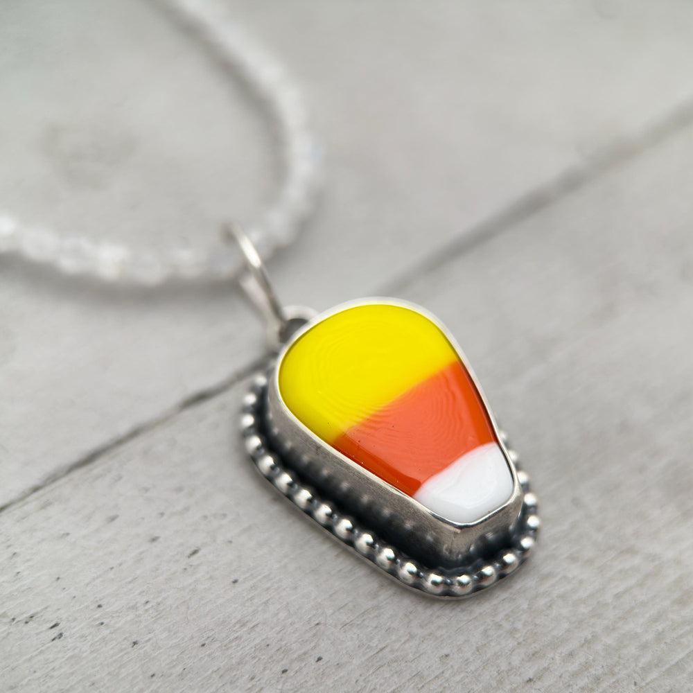 Candy Corn Pendant Necklace - Sterling Silver Halloween Jewelry - Artisan Glass Fall Autumn Jewelry - SunlightSilver