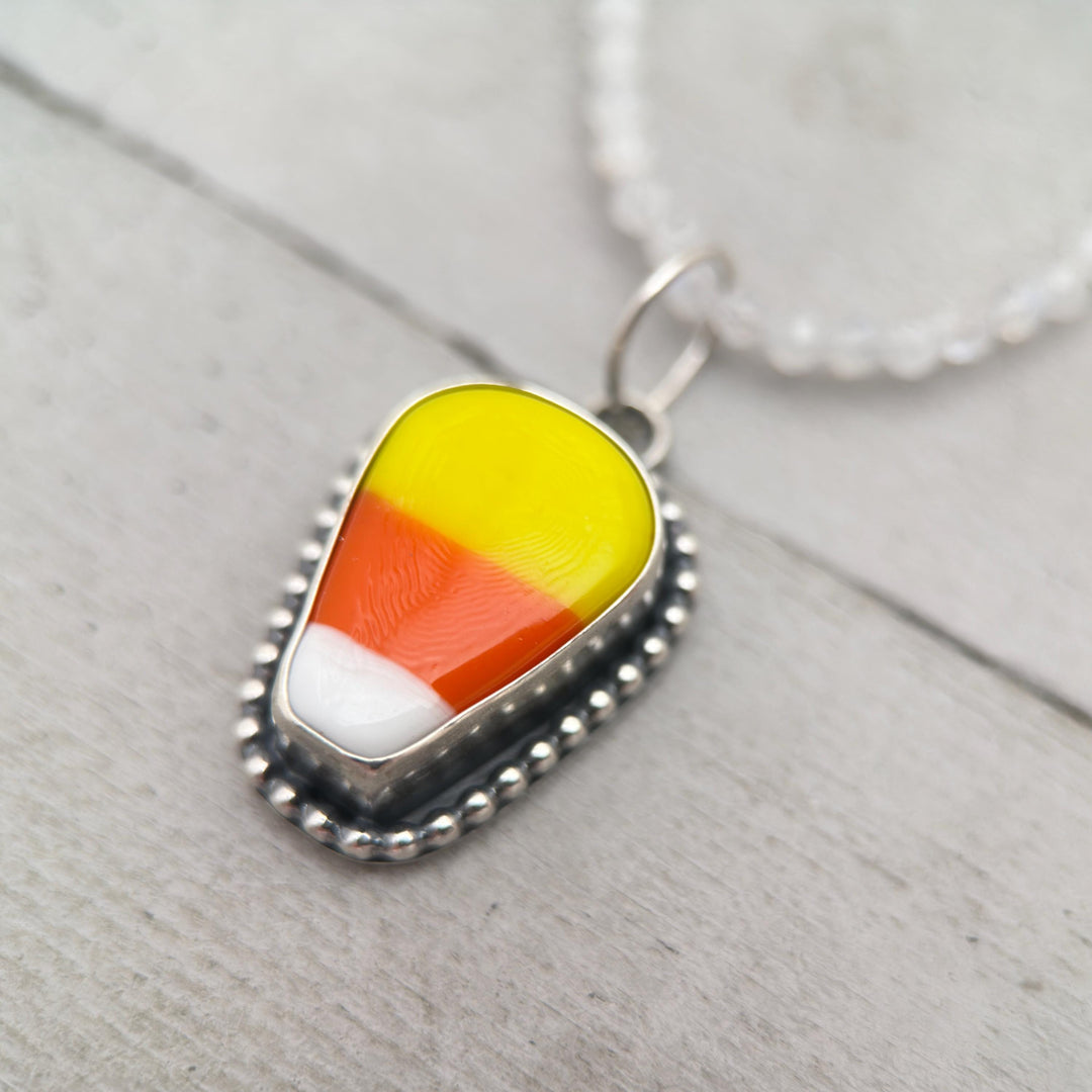 Candy Corn Pendant Necklace - Sterling Silver Halloween Jewelry - Artisan Glass Fall Autumn Jewelry - SunlightSilver