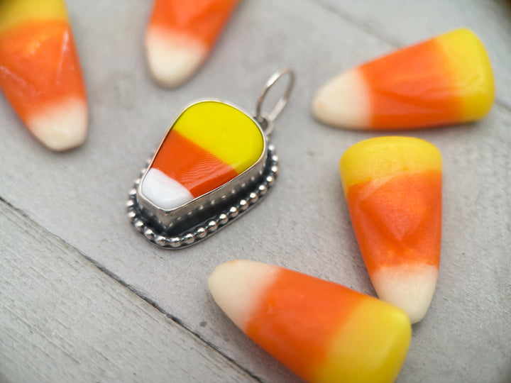 Candy Corn Pendant Necklace - Sterling Silver Halloween Jewelry - Artisan Glass Fall Autumn Jewelry - SunlightSilver