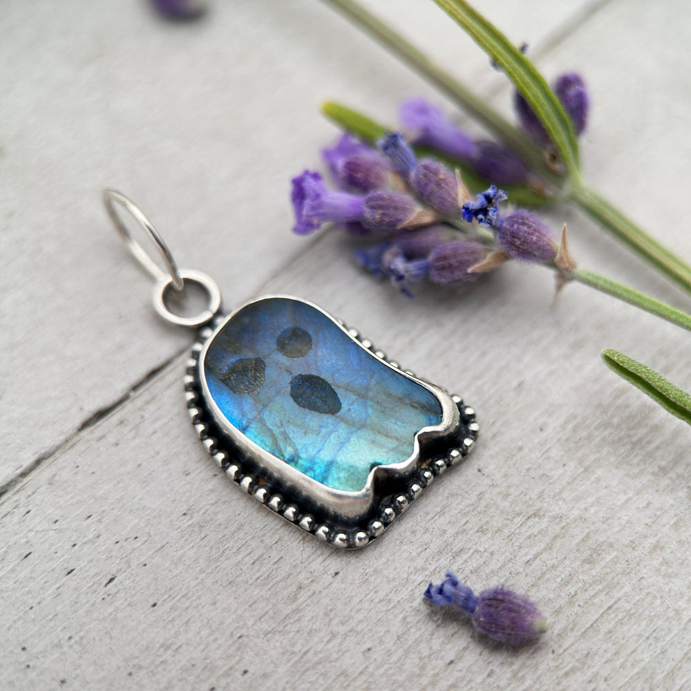 Labradorite Ghost Pendant Sterling Silver Necklace - Rainbow Flash Gemstone - Gothic Mystic Halloween Jewelry - SunlightSilver