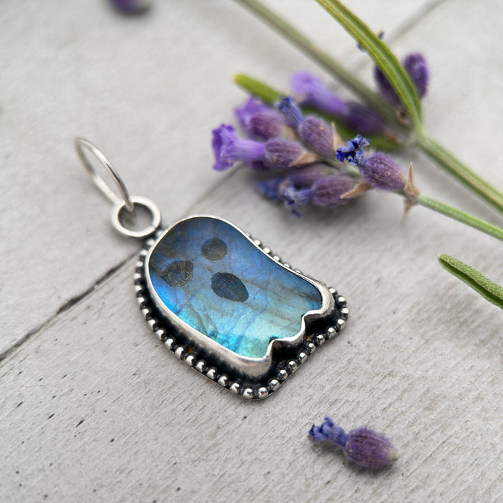 Labradorite Ghost Pendant Sterling Silver Necklace - Rainbow Flash Gemstone - Gothic Mystic Halloween Jewelry - SunlightSilver