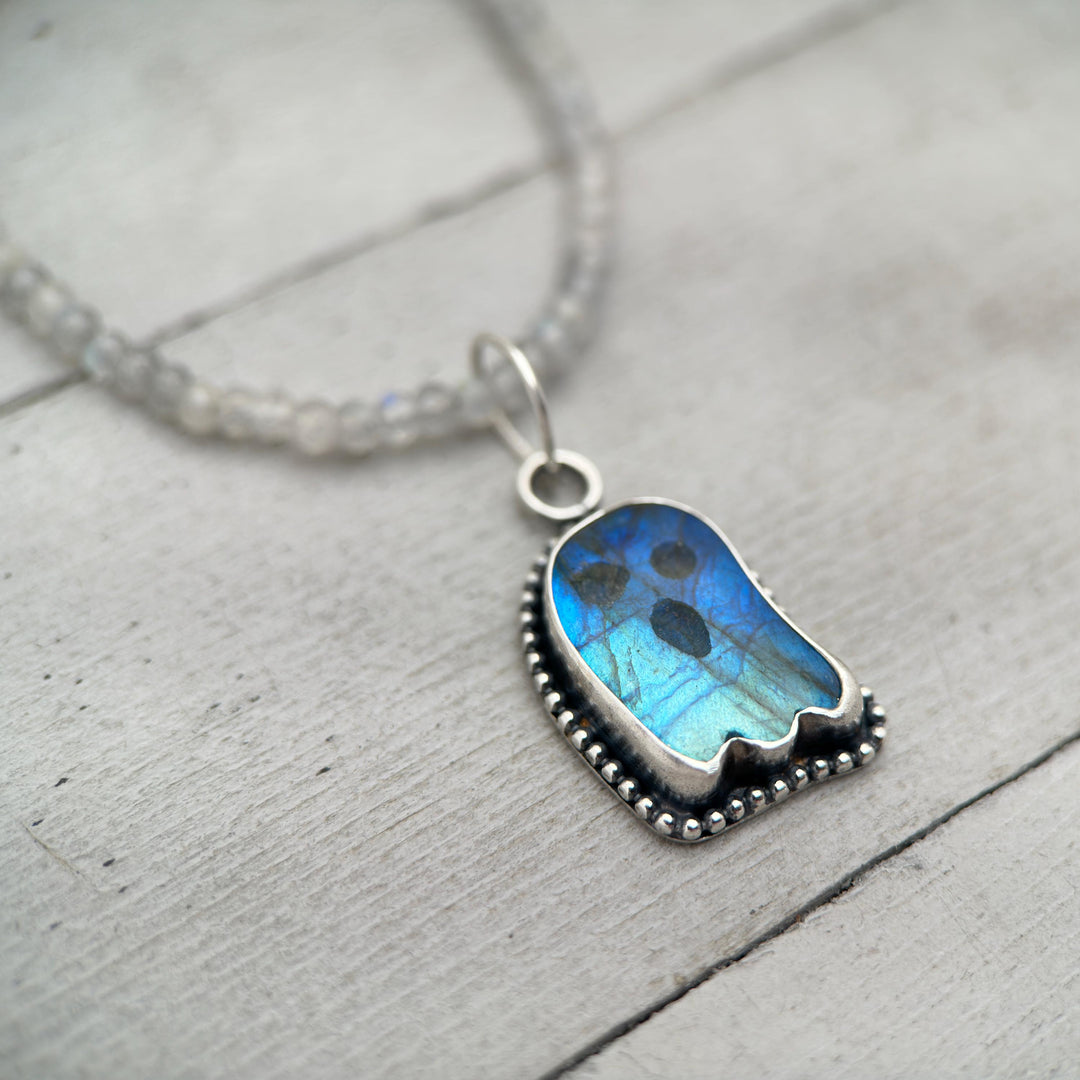 Labradorite Ghost Pendant Sterling Silver Necklace - Rainbow Flash Gemstone - Gothic Mystic Halloween Jewelry - SunlightSilver