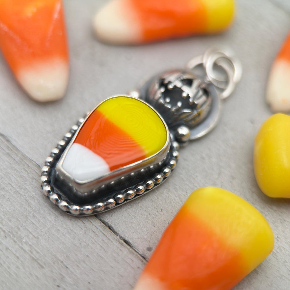Candy Corn Sterling Silver Pumpkin Pendant Necklace - Halloween Jack-O-Lantern Jewelry - Artisan Glass Fall Autumn Jewelry - SunlightSilver