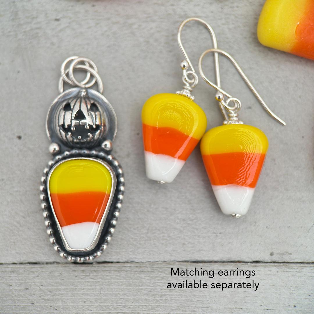 Candy Corn Sterling Silver Pumpkin Pendant Necklace - Halloween Jack-O-Lantern Jewelry - Artisan Glass Fall Autumn Jewelry - SunlightSilver
