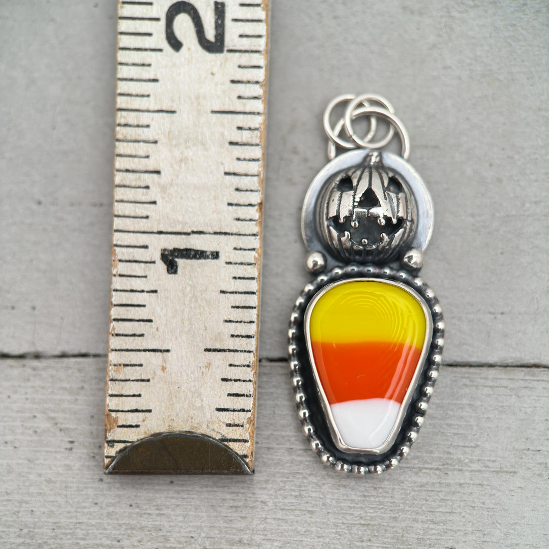 Candy Corn Sterling Silver Pumpkin Pendant Necklace - Halloween Jack-O-Lantern Jewelry - Artisan Glass Fall Autumn Jewelry - SunlightSilver