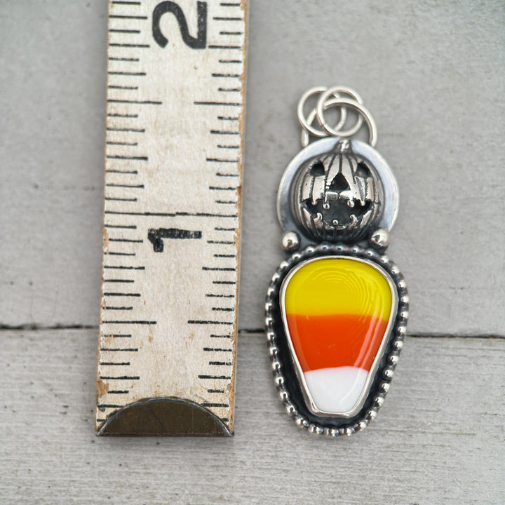 Candy Corn Sterling Silver Pumpkin Pendant Necklace - Halloween Jack-O-Lantern Jewelry - Artisan Glass Fall Autumn Jewelry - SunlightSilver