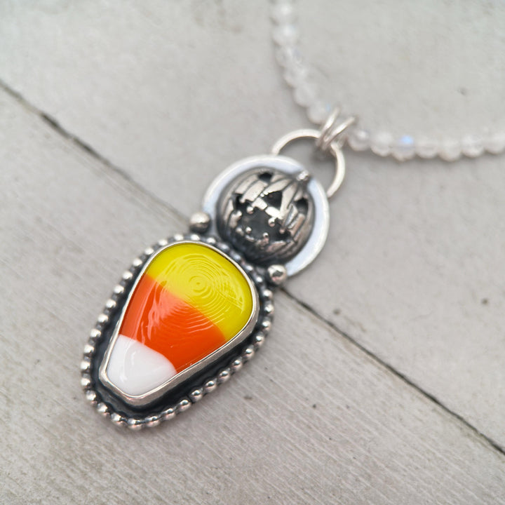 Candy Corn Sterling Silver Pumpkin Pendant Necklace - Halloween Jack-O-Lantern Jewelry - Artisan Glass Fall Autumn Jewelry - SunlightSilver
