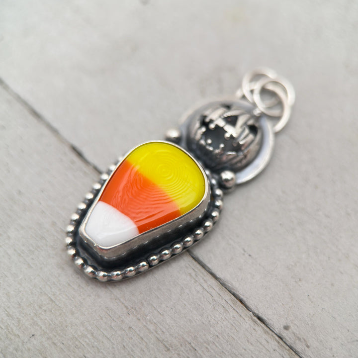 Candy Corn Sterling Silver Pumpkin Pendant Necklace - Halloween Jack-O-Lantern Jewelry - Artisan Glass Fall Autumn Jewelry - SunlightSilver