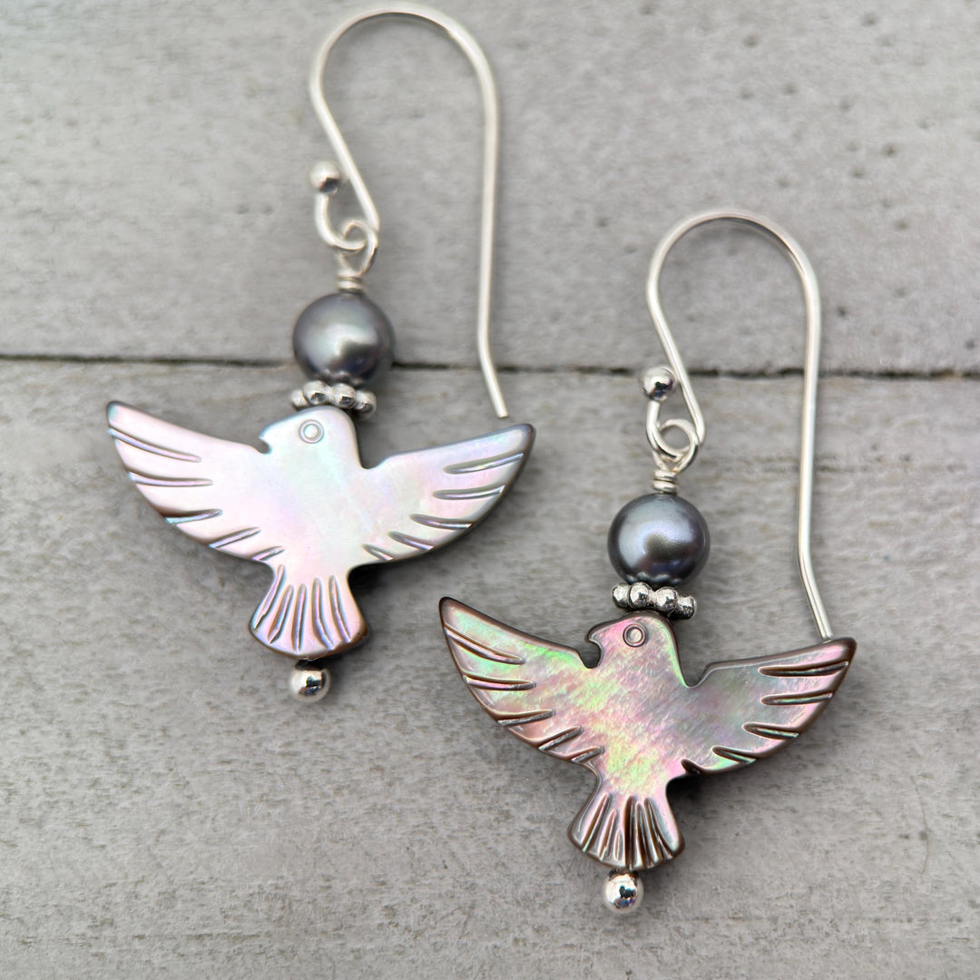 Black Mother of Pearl Thunder Bird, Pearl and Sterling Silver Earrings - Black Lipped Oyster Shell Jewelry - Native Thunderbird Symbol - SunlightSilver