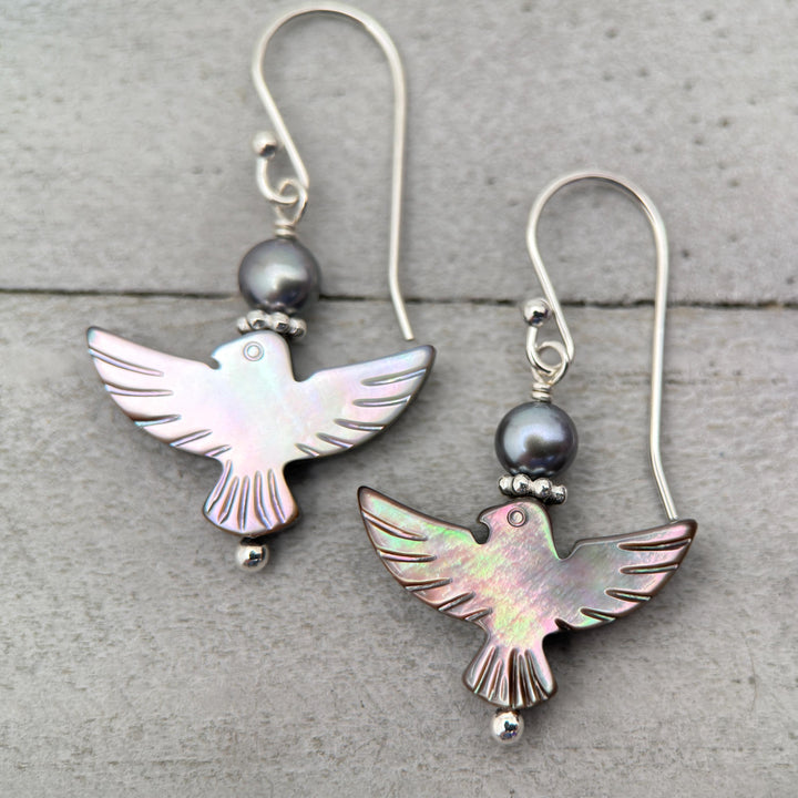 Black Mother of Pearl Thunder Bird, Pearl and Sterling Silver Earrings - Black Lipped Oyster Shell Jewelry - Native Thunderbird Symbol - SunlightSilver
