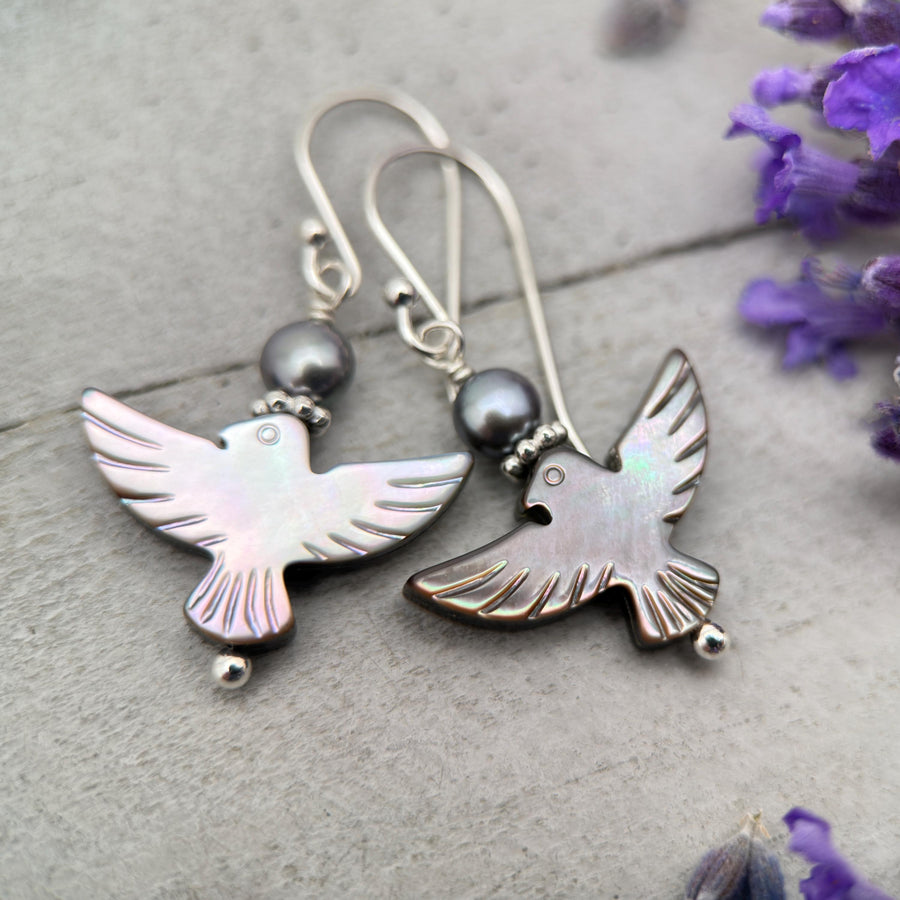 Black Mother of Pearl Thunder Bird, Pearl and Sterling Silver Earrings - Black Lipped Oyster Shell Jewelry - Native Thunderbird Symbol - SunlightSilver
