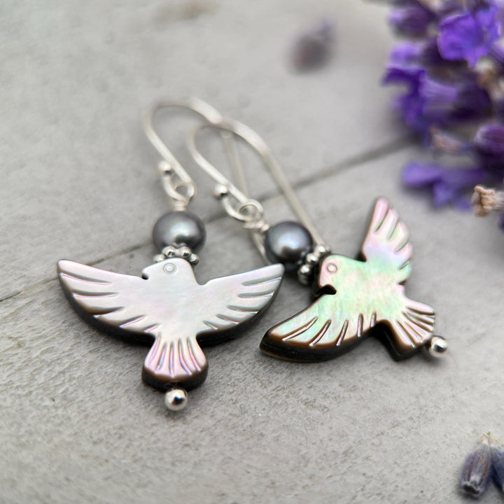 Black Mother of Pearl Thunder Bird, Pearl and Sterling Silver Earrings - Black Lipped Oyster Shell Jewelry - Native Thunderbird Symbol - SunlightSilver