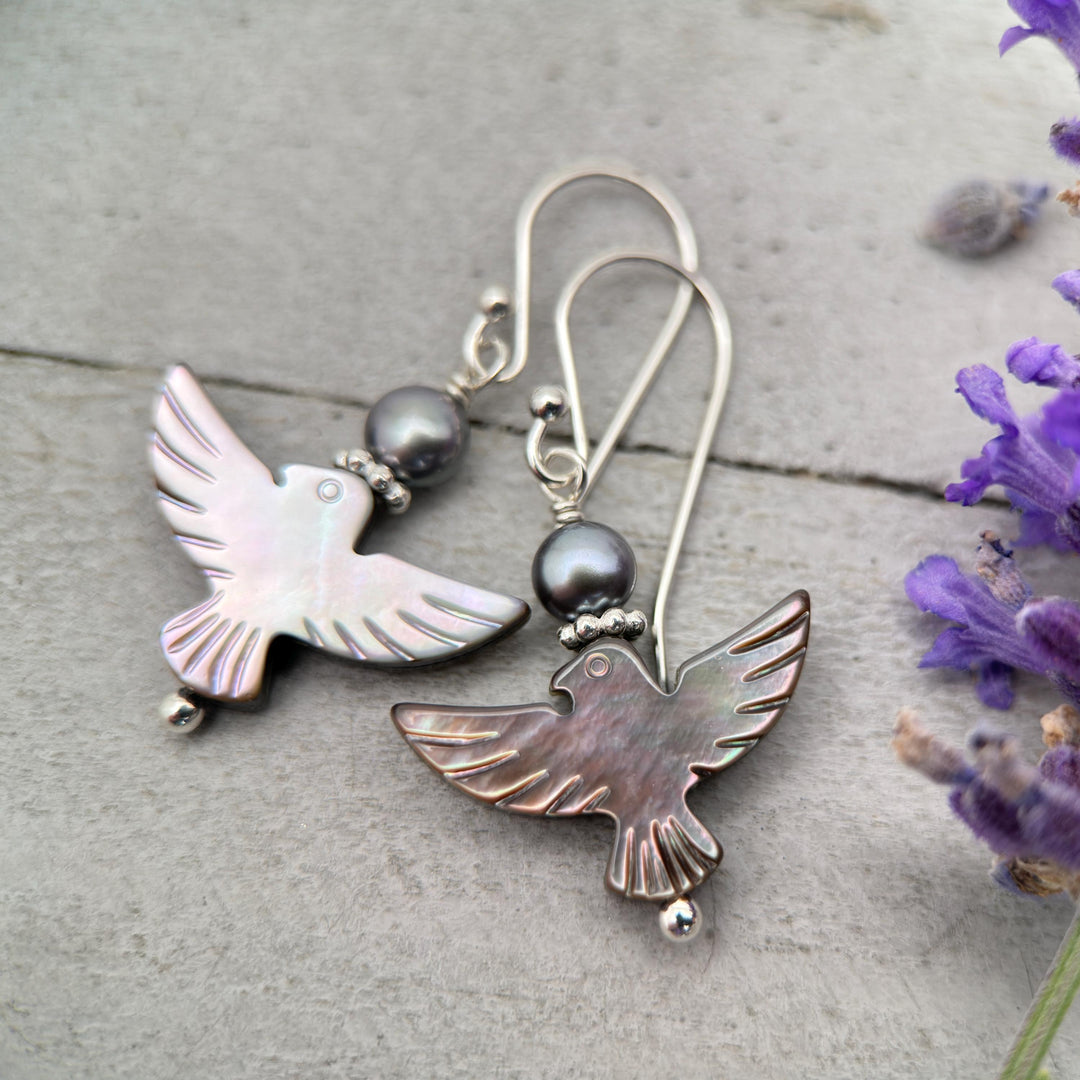 Black Mother of Pearl Thunder Bird, Pearl and Sterling Silver Earrings - Black Lipped Oyster Shell Jewelry - Native Thunderbird Symbol - SunlightSilver