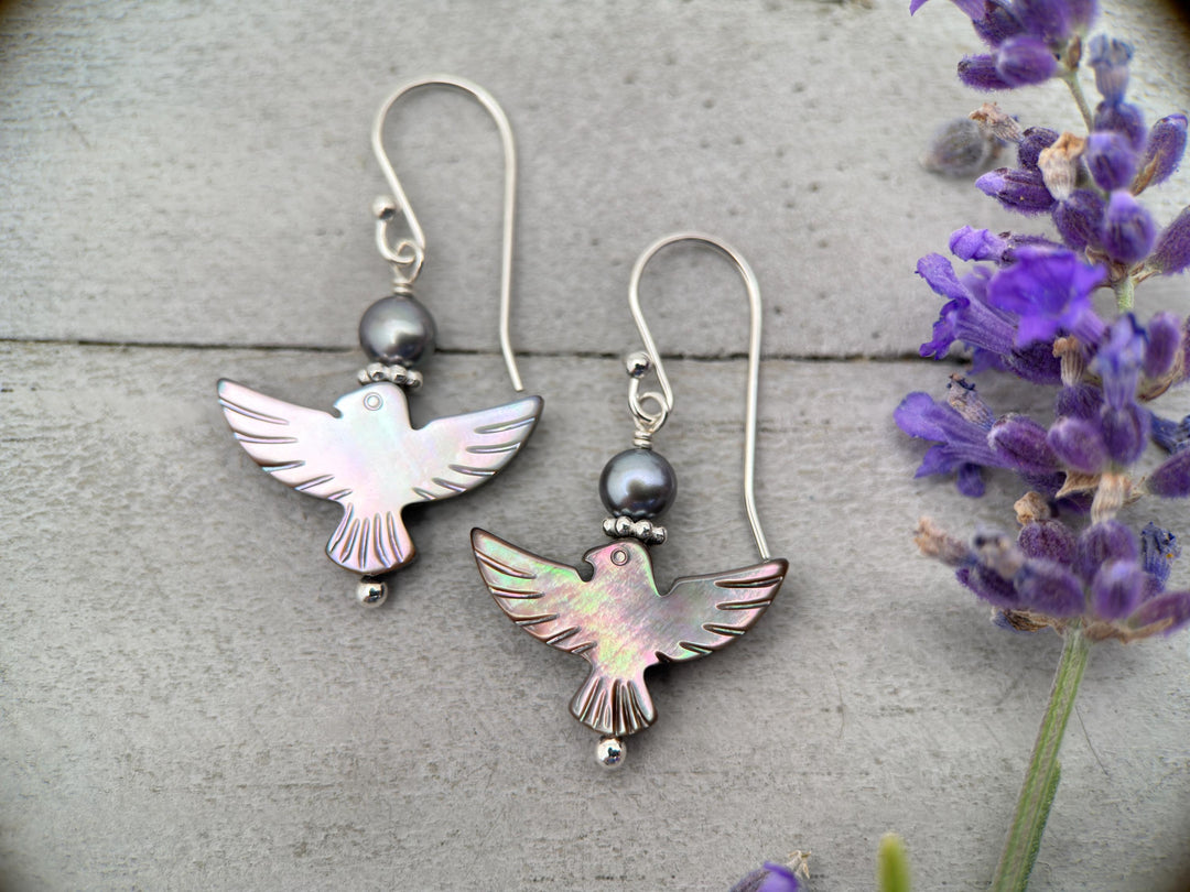 Black Mother of Pearl Thunder Bird, Pearl and Sterling Silver Earrings - Black Lipped Oyster Shell Jewelry - Native Thunderbird Symbol - SunlightSilver