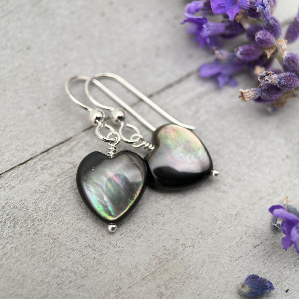 Black Lip Oyster Shell Heart Earrings | Sterling Silver Mother of Pearl Jewelry | Love, Friendship Symbol - SunlightSilver