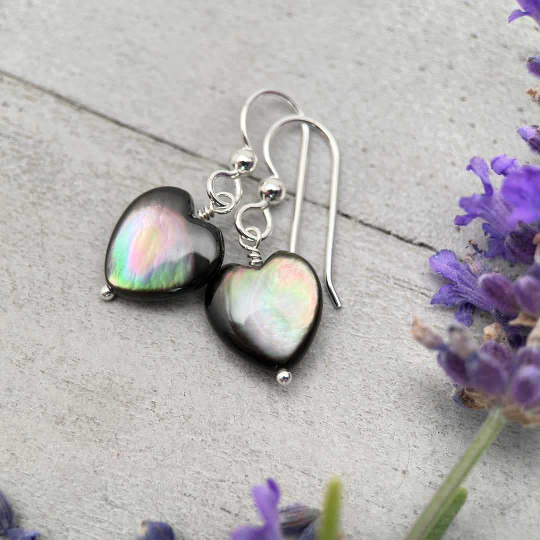 Black Lip Oyster Shell Heart Earrings | Sterling Silver Mother of Pearl Jewelry | Love, Friendship Symbol - SunlightSilver