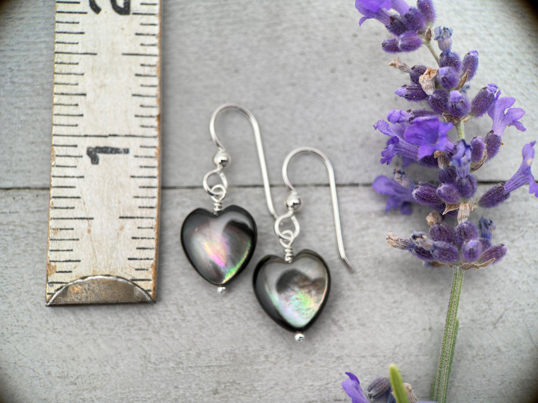 Black Lip Oyster Shell Heart Earrings | Sterling Silver Mother of Pearl Jewelry | Love, Friendship Symbol - SunlightSilver