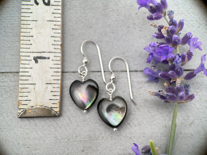Black Lip Oyster Shell Heart Earrings | Sterling Silver Mother of Pearl Jewelry | Love, Friendship Symbol - SunlightSilver