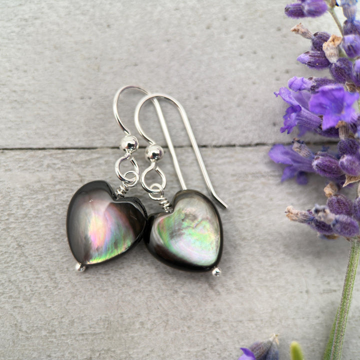 Black Lip Oyster Shell Heart Earrings | Sterling Silver Mother of Pearl Jewelry | Love, Friendship Symbol - SunlightSilver