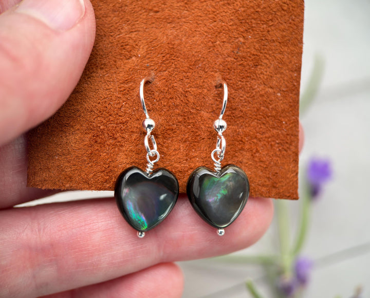 Black Lip Oyster Shell Heart Earrings | Sterling Silver Mother of Pearl Jewelry | Love, Friendship Symbol - SunlightSilver