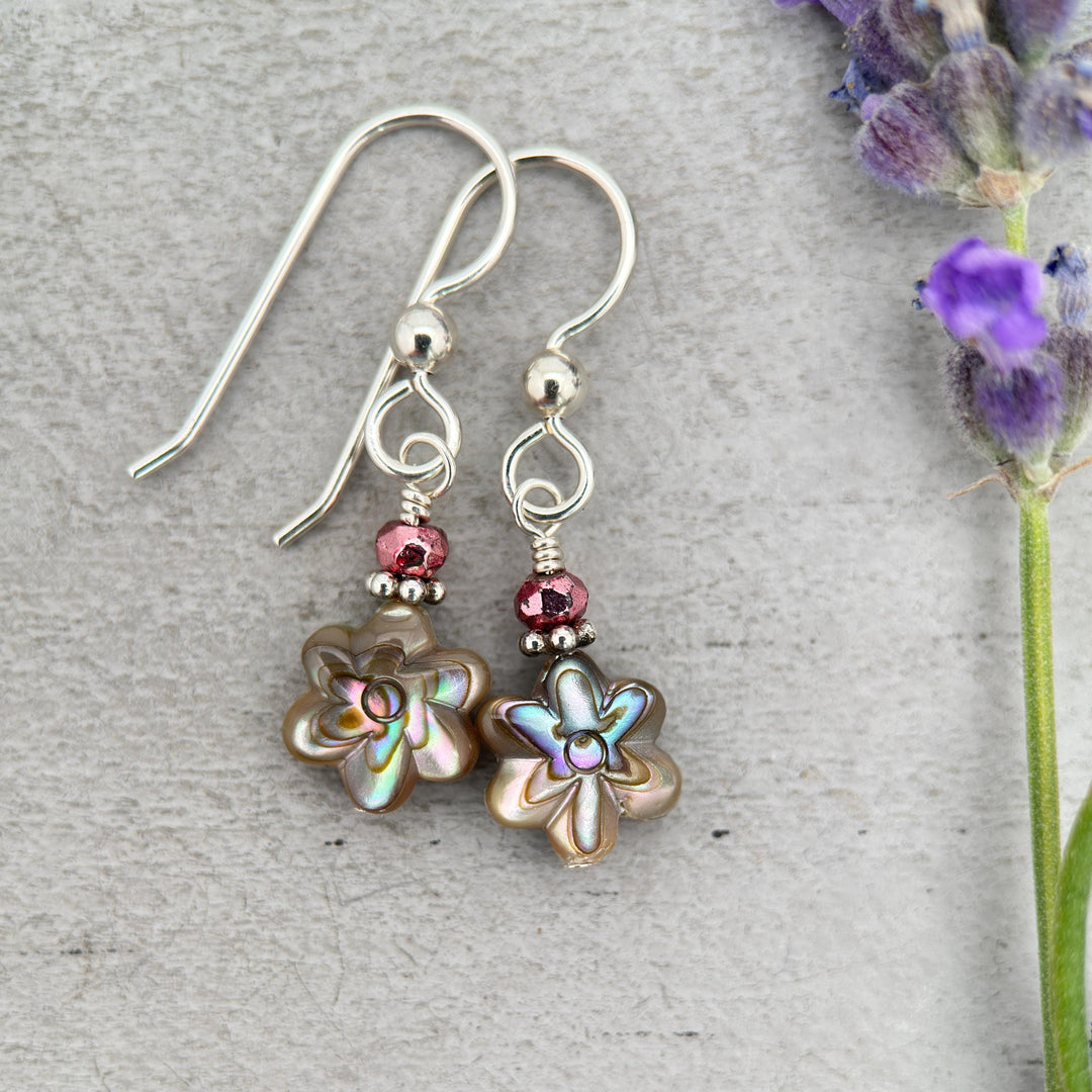 Petite Paua Abalone Flower Earrings | Handmade Sterling Silver Dangle Earrings with Hematite Accent - SunlightSilver