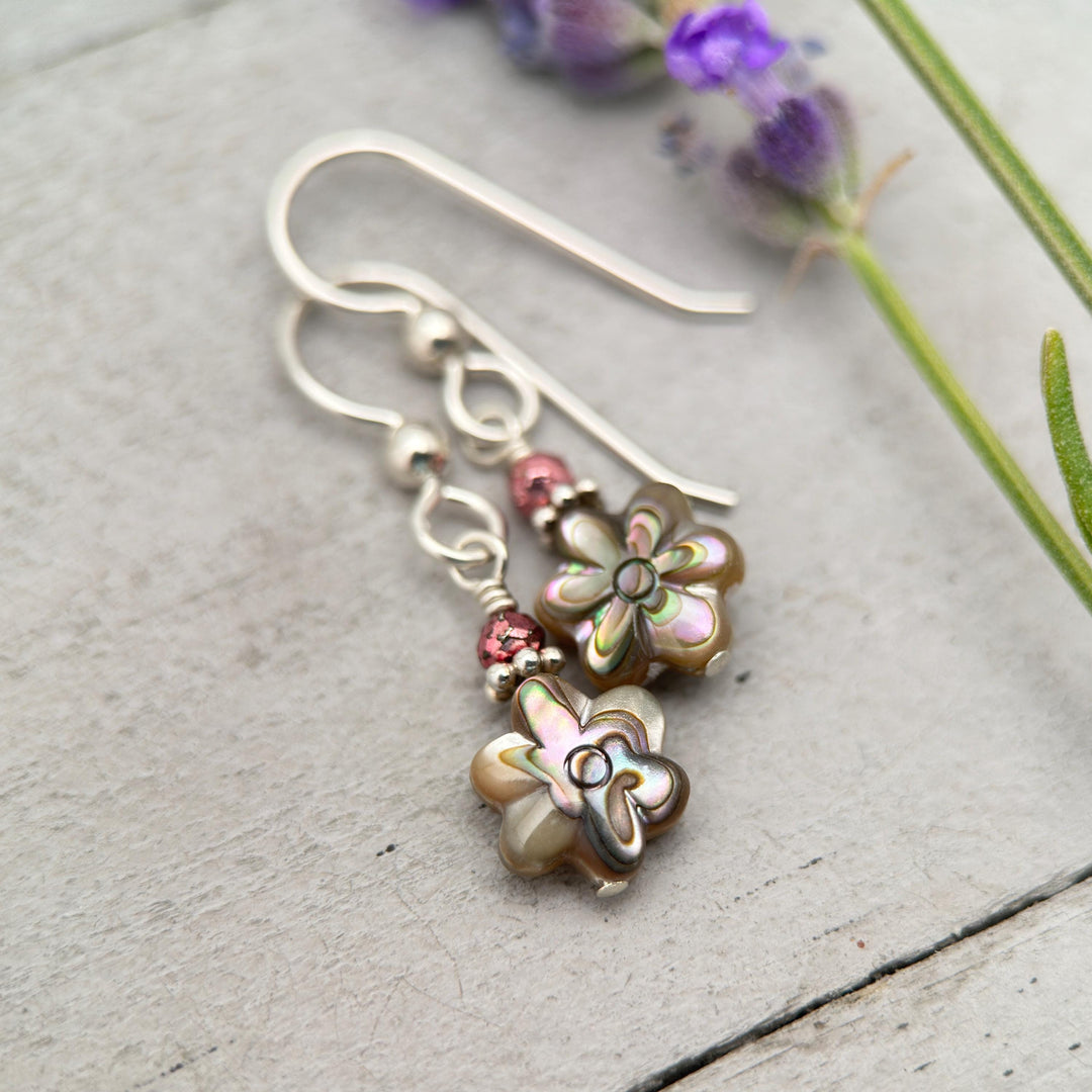 Petite Paua Abalone Flower Earrings | Handmade Sterling Silver Dangle Earrings with Hematite Accent - SunlightSilver