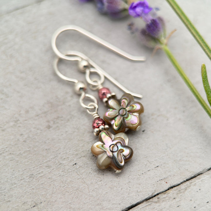 Petite Paua Abalone Flower Earrings | Handmade Sterling Silver Dangle Earrings with Hematite Accent - SunlightSilver