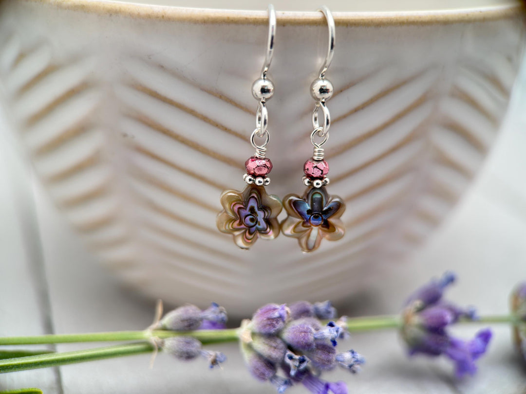 Petite Paua Abalone Flower Earrings | Handmade Sterling Silver Dangle Earrings with Hematite Accent - SunlightSilver