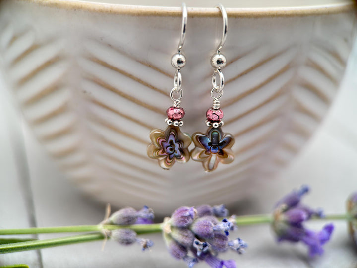 Petite Paua Abalone Flower Earrings | Handmade Sterling Silver Dangle Earrings with Hematite Accent - SunlightSilver