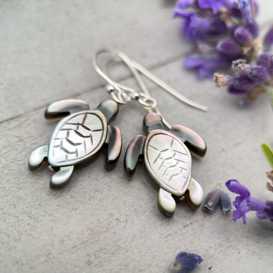 Black Mother of Pearl Sea Turtle and Sterling Silver Earrings - Black Lipped Oyster Shell Tortuga Jewelry - SunlightSilver
