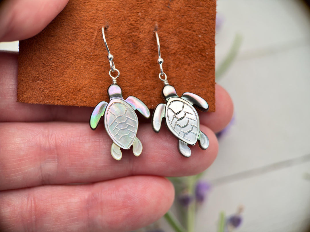 Black Mother of Pearl Sea Turtle and Sterling Silver Earrings - Black Lipped Oyster Shell Tortuga Jewelry - SunlightSilver