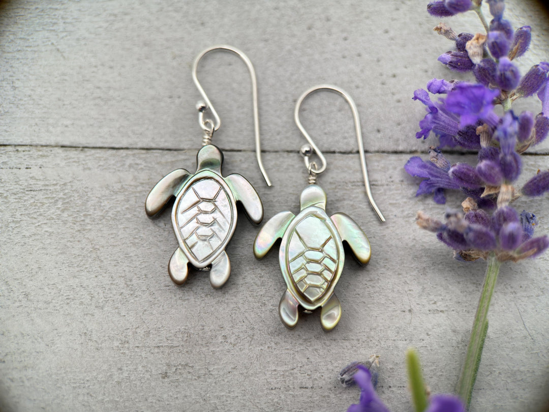 Black Mother of Pearl Sea Turtle and Sterling Silver Earrings - Black Lipped Oyster Shell Tortuga Jewelry - SunlightSilver