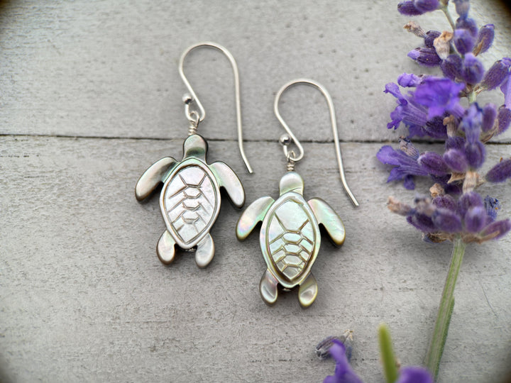 Black Mother of Pearl Sea Turtle and Sterling Silver Earrings - Black Lipped Oyster Shell Tortuga Jewelry - SunlightSilver