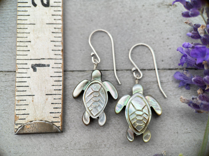 Black Mother of Pearl Sea Turtle and Sterling Silver Earrings - Black Lipped Oyster Shell Tortuga Jewelry - SunlightSilver
