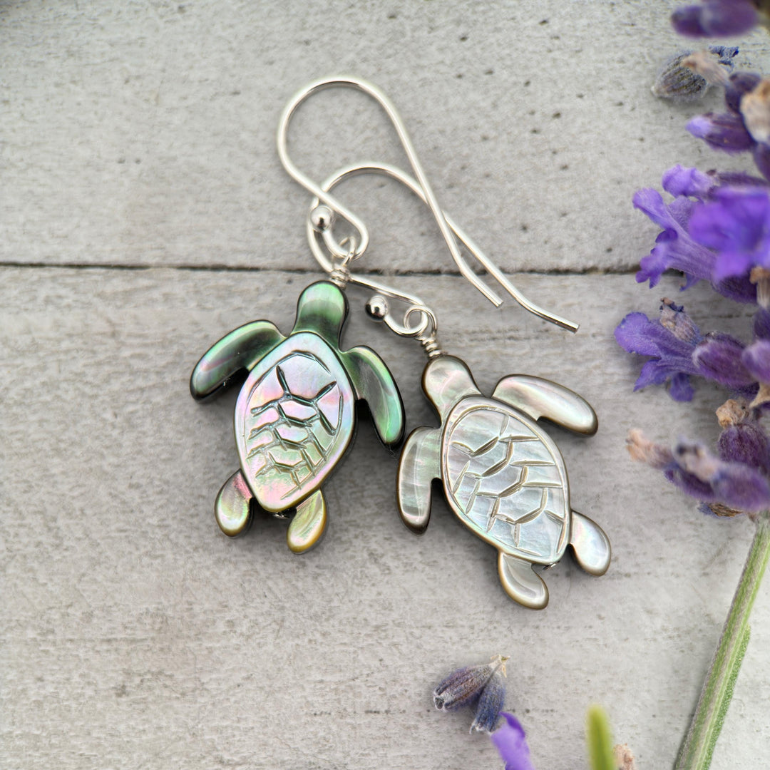 Black Mother of Pearl Sea Turtle and Sterling Silver Earrings - Black Lipped Oyster Shell Tortuga Jewelry - SunlightSilver