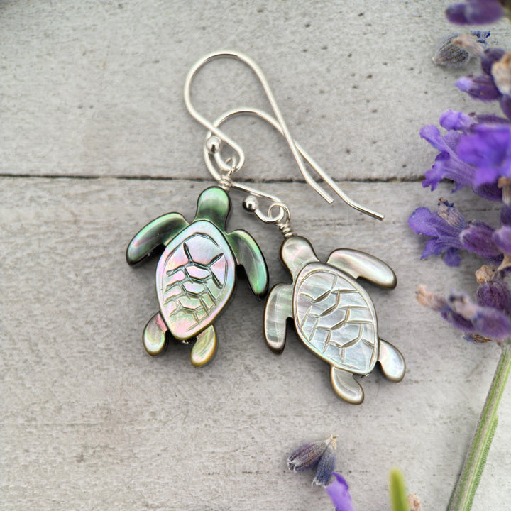 Black Mother of Pearl Sea Turtle and Sterling Silver Earrings - Black Lipped Oyster Shell Tortuga Jewelry - SunlightSilver
