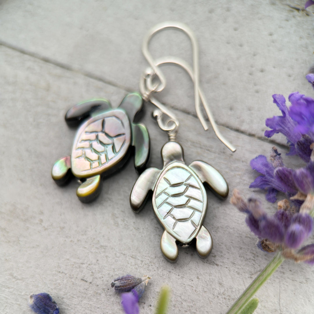 Black Mother of Pearl Sea Turtle and Sterling Silver Earrings - Black Lipped Oyster Shell Tortuga Jewelry - SunlightSilver